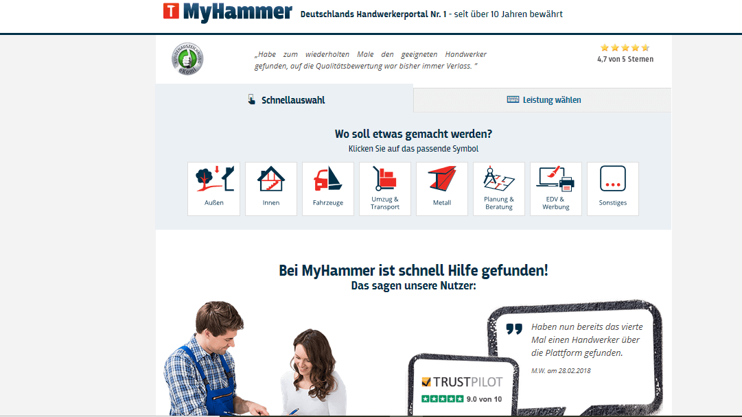 Internetseite vom Handwerker Portal MyHammer